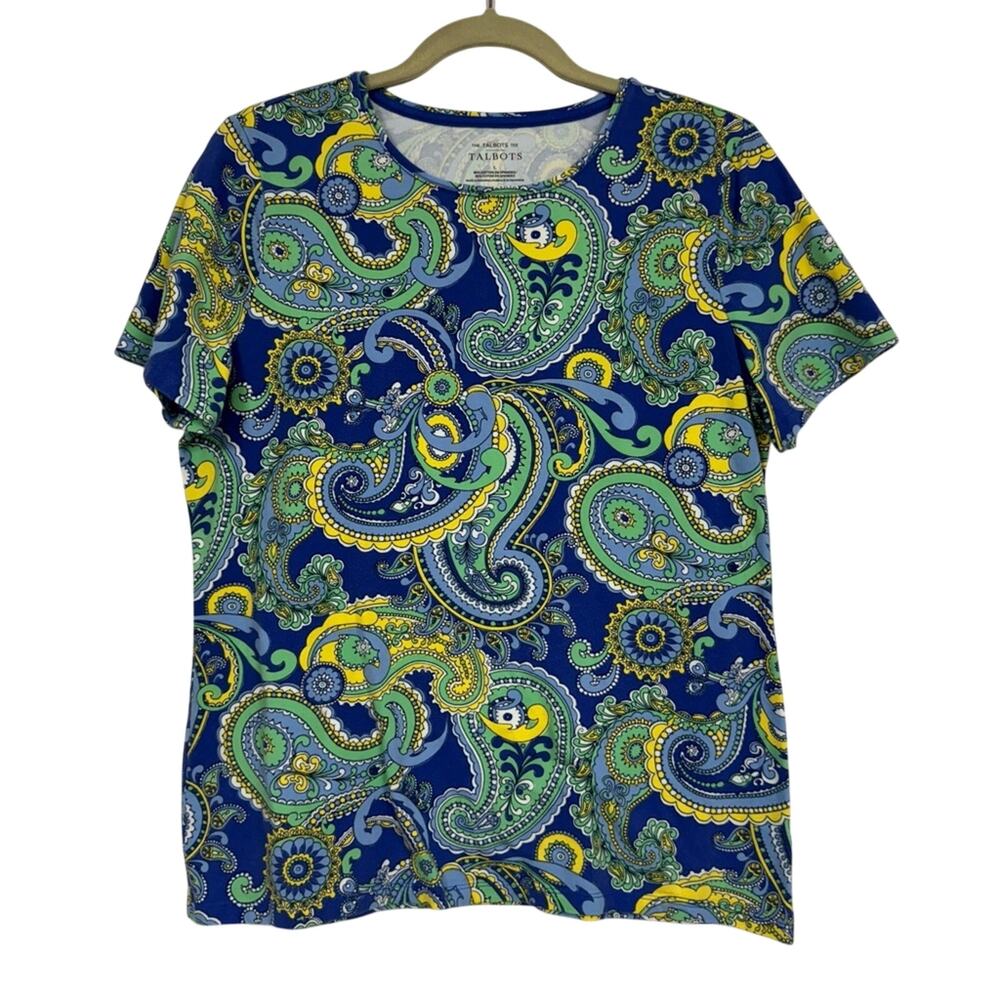 Talbot Blue Green Paisley Print Tee Shirt Womens L Classic Short Sleeve Boho